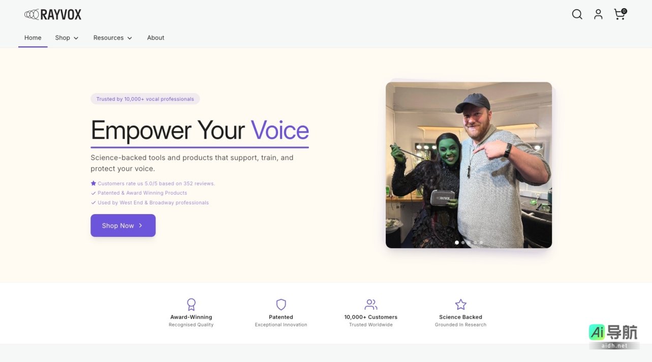 Rayvox 致力于为声乐专业人士提供科学支持的工具和产品，提升声音表现与健康 网站截图