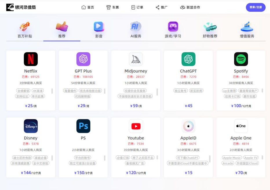 银河录像局:AI | 影视 | 音乐会员合租平台翻译站点 网站截图