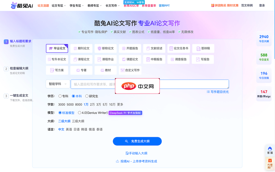 酷兔AI论文 网站截图