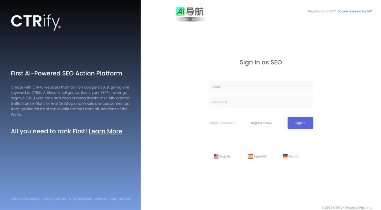 CTRify 是一个AI驱动的SEO平台，通过关键词提升网站在谷歌的排名和有机流量 网站截图
