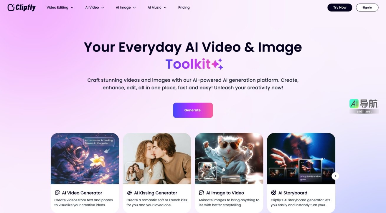 Clipfly 是一个集视频和图像创作、编辑、增强于一体的AI工具平台，助力用户轻松实现创意 网站截图