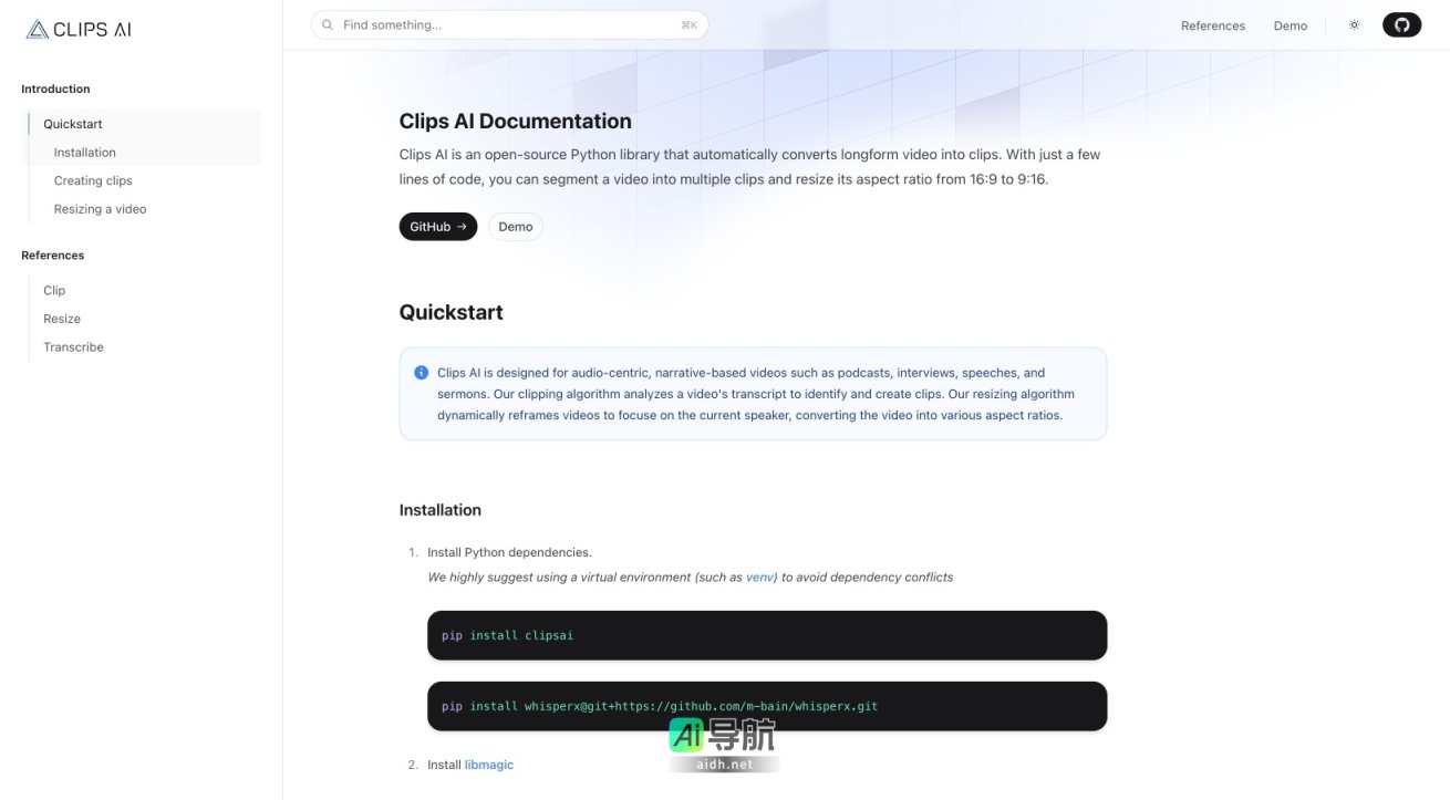 Clips AI 是一个开源Python库，自动将长视频转换为多个剪辑，优化音频内容的呈现 网站截图