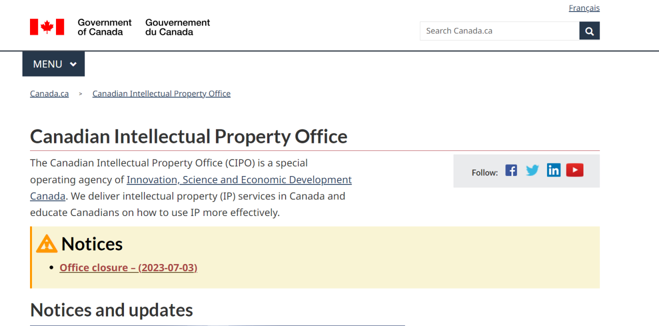 加拿大商标局 网站截图
