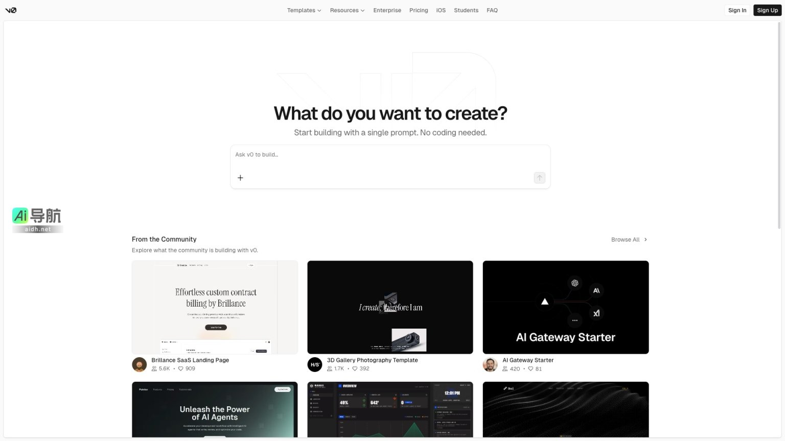 v0 APP 提供无代码工具，帮助用户快速构建创意项目 网站截图
