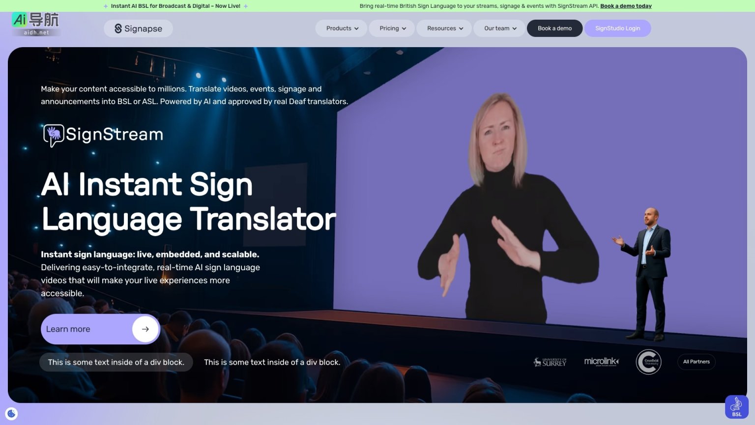 Signapse 提供实时手语翻译，提升内容可及性，促进无障碍沟通 网站截图