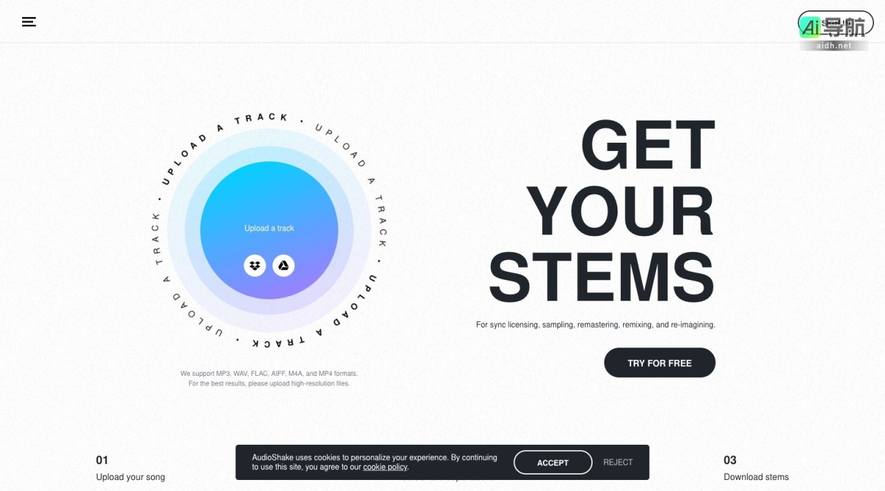 AudioShake 提供简单快捷的音轨分离与重混服务，助力独立音乐创作者实现作品再创作 网站截图