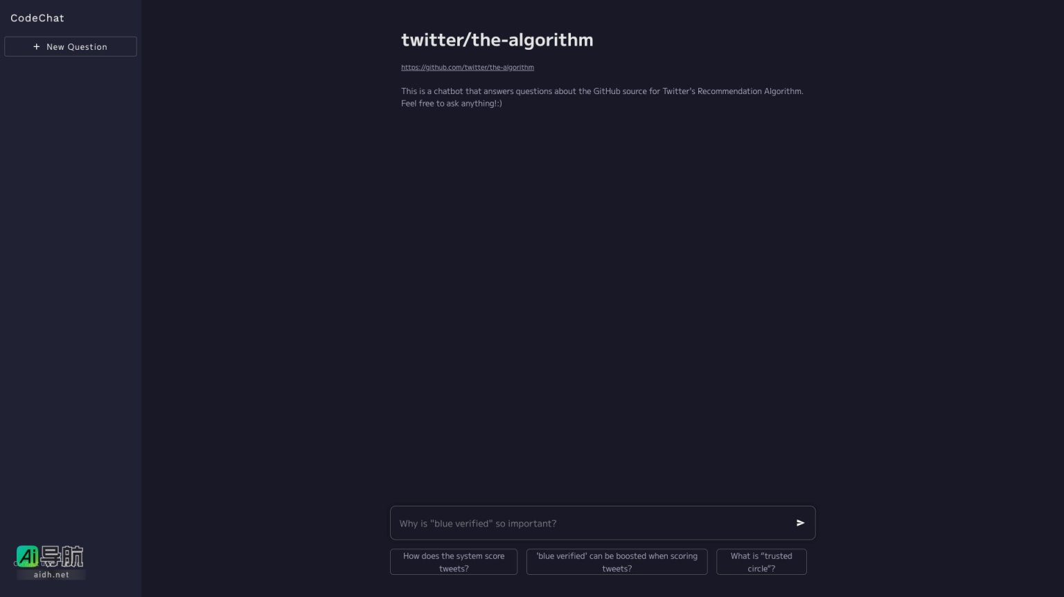 CodeChat 是一个智能聊天机器人，专注于解答关于Twitter推荐算法的技术问题 网站截图