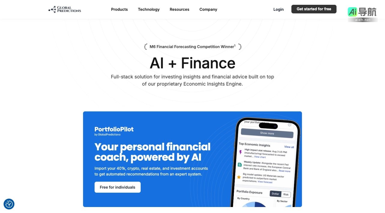Global Predictions 通过AI技术提供个性化投资建议与经济洞察，助力个人和机构优化财务决策 网站截图