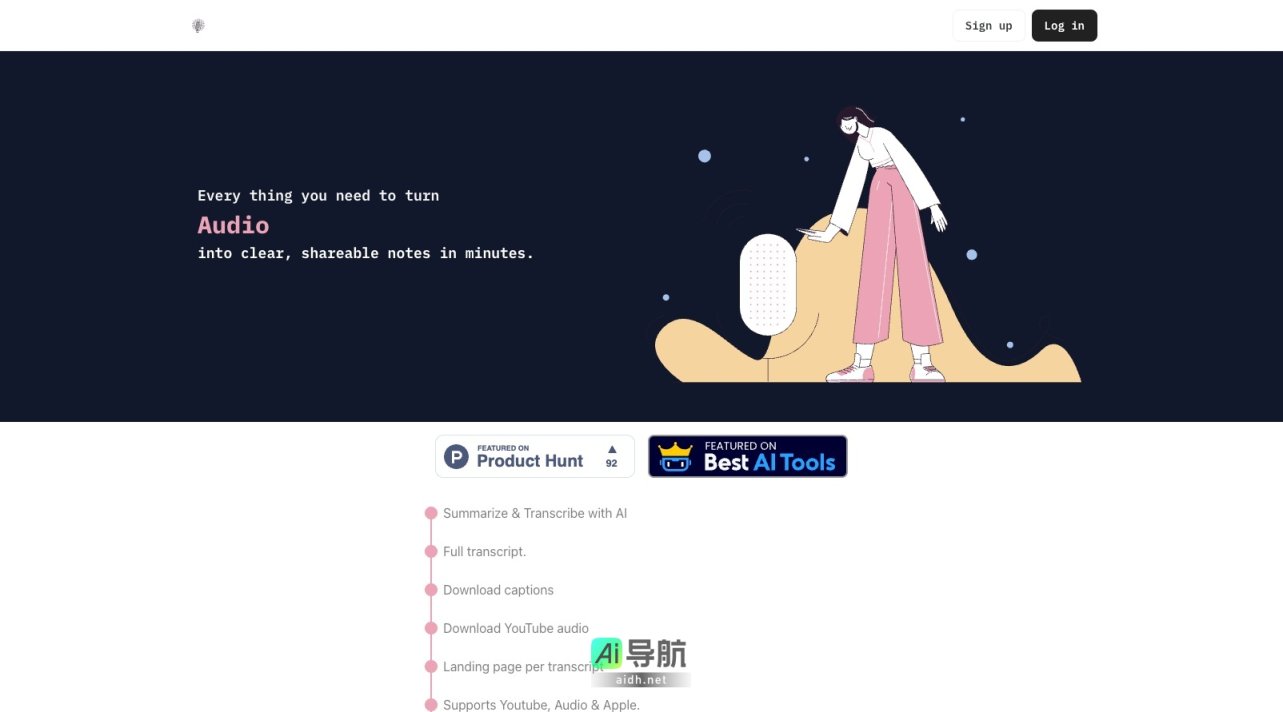 shownotes Shownotes帮助用户快速将音频内容转化为清晰、可分享的笔记，提升信息获取效率 网站截图