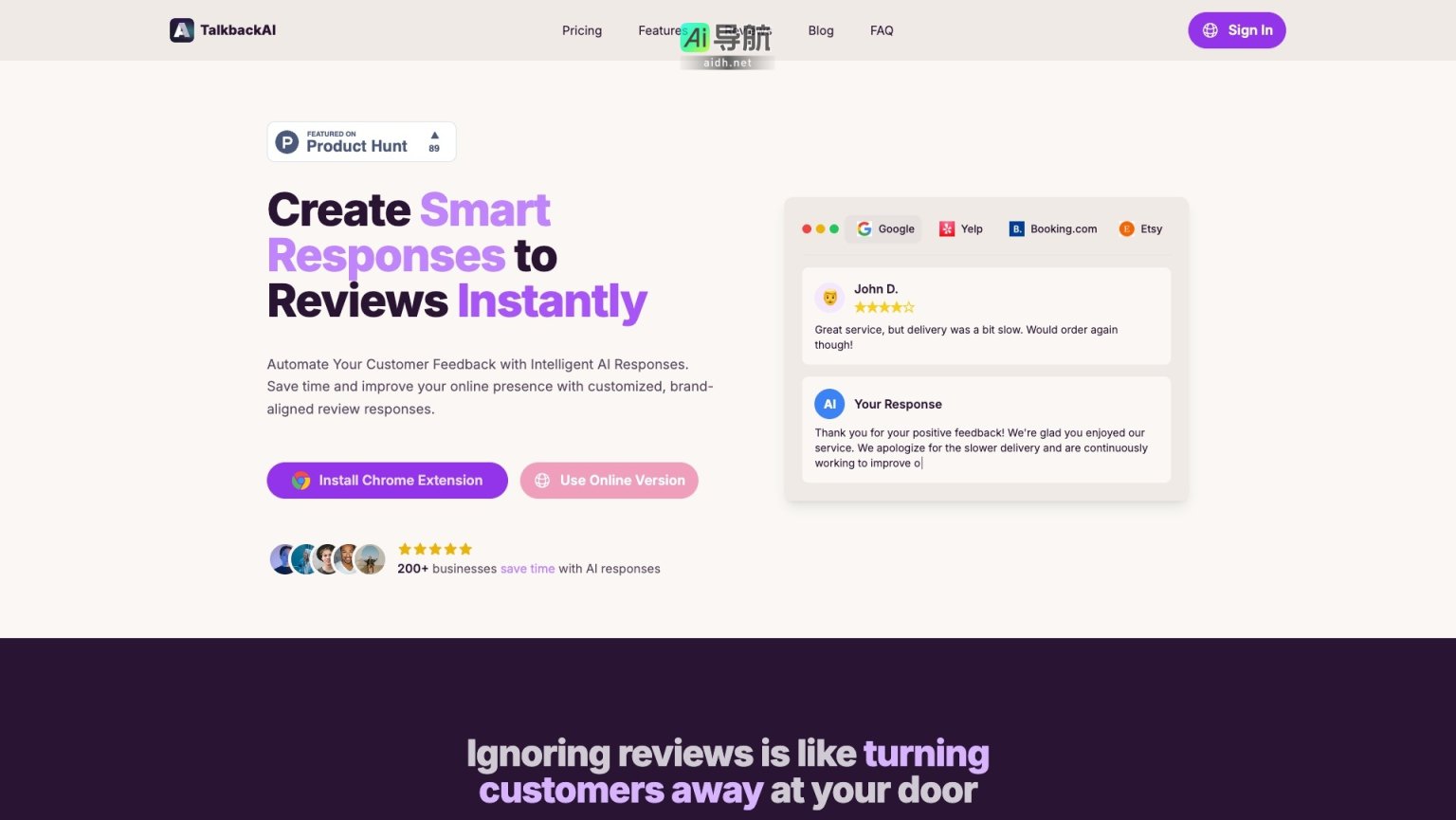 TalkbackAI 通过智能AI自动化生成个性化评论回复，提升企业在线声誉，节省时间 网站截图