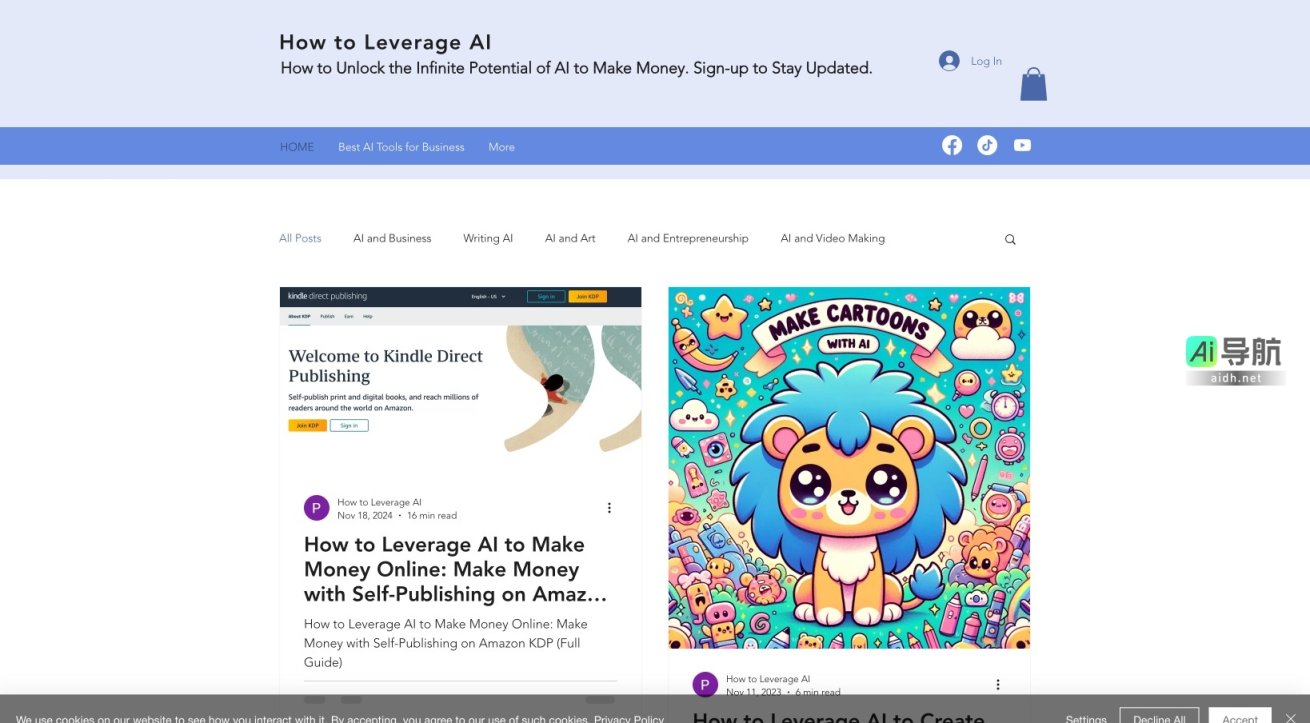 How to Leverage AI 该网站旨在帮助用户利用人工智能创造收入和商业机会 网站截图