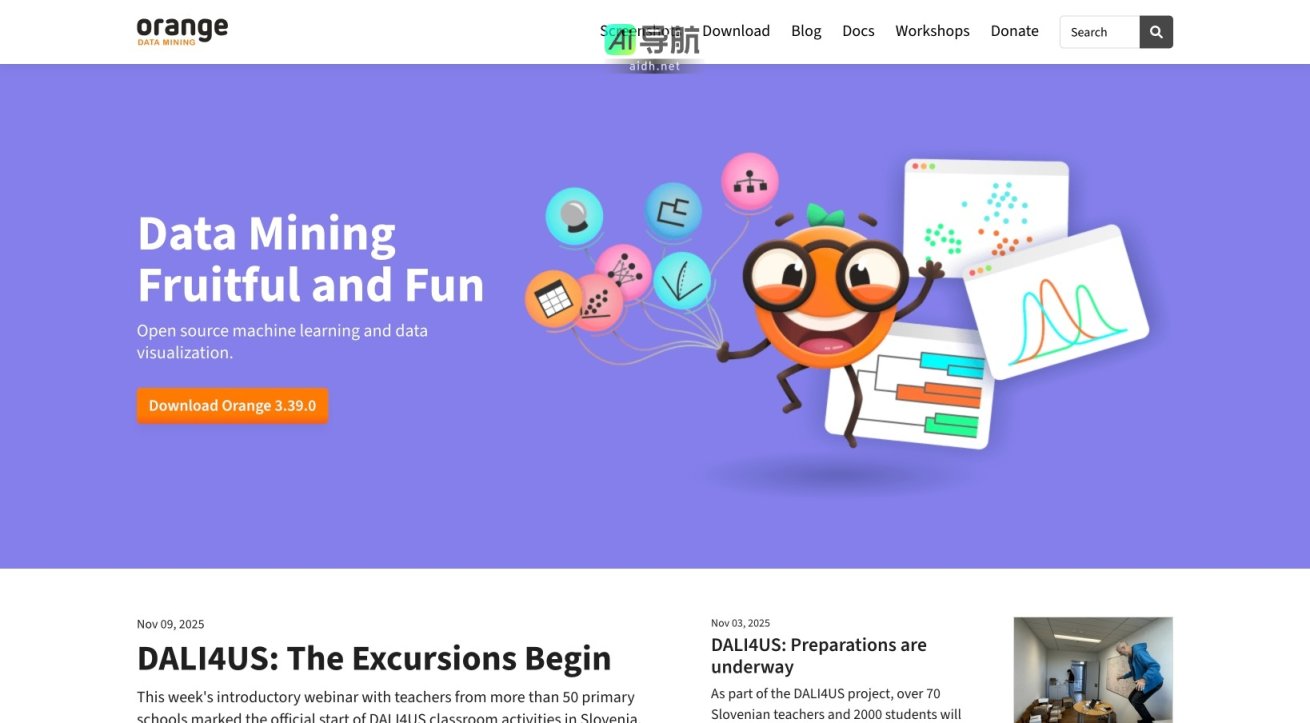 Orange Data Mining 是一个开源平台，提供无代码的数据挖掘和可视化工具，适合教育和科研使用 网站截图