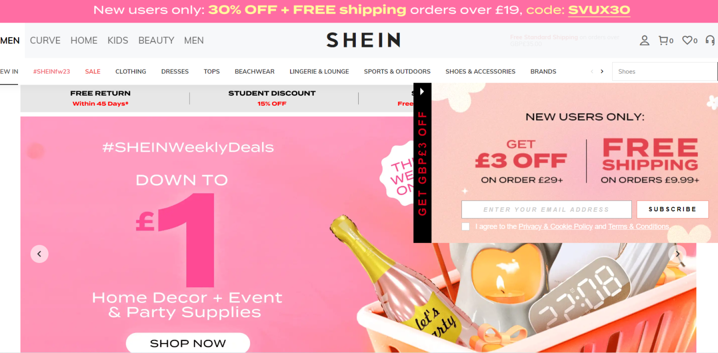 Shein英国 网站截图